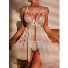 İkikareshop Fantezi Beyaz Dantel Sütyenli Transparan Gecelik BC3271