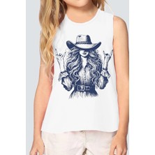 Rock&roll Şapkalı Kız Beyaz Kesik Kol Kız Çocuk T-Shirt