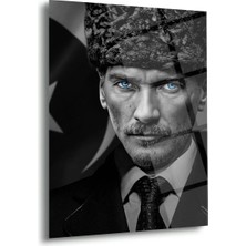 Shiny Art Mustafa Kemal Atatürk Mavi Göz Detaylı Siyah Beyaz Cam Tablo – ATA300