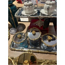 ZaTen Pazar Tepsili Gül Çerçeveli Gümüş-Gold Kase Seti & Şekerlik & Sunumluk & Çerezlik 34 cm Tepsi