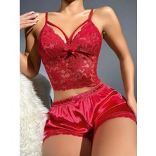 İkikareshop Kadın Kırmızı Dantel Detaylı Şortlu Takım Saten Gecelik 2293