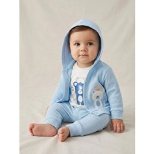 Lika&Nika %100 Pamuklu Kapşonlu Hırka Body ve Pantolon 3'lü Takım Ayıcık Baskılı