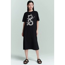 Rock&roll Kedi Prenses Siyah Bisiklet Yaka Kısa Kollu Penye Uzun Elbise