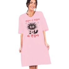 Rock&roll Sabah Kahvesi Pembe V Yaka Yarım Kol Diz Boyu Rahat Ev Elbisesi Gecelik