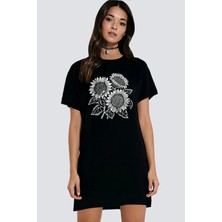 Rock&roll Yaz Çiçekleri Siyah Kısa Kollu Penye Kadın T-Shirt Elbise