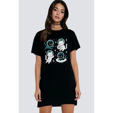 Rock&roll Astro Kediler Siyah Kısa Kollu Penye Kadın T-Shirt Elbise