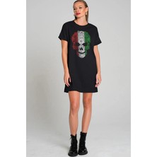 Rock&roll Italyan Kurukafa Siyah Kısa Kollu Penye Kadın T-Shirt Elbise