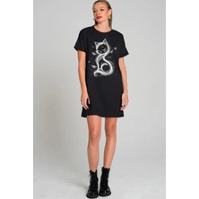 Rock&roll Kedi Prenses Siyah Kısa Kollu Penye Kadın T-Shirt Elbise
