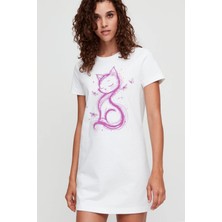 Rock&roll Kedi Prenses Beyaz Kısa Kollu Penye Kadın T-Shirt Elbise