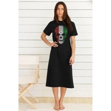 Rock&roll Italyan Kurukafa Siyah Bisiklet Yaka Kısa Kollu Penye Uzun Elbise