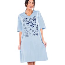 Rock&roll Denizde Hayat Açık Mavi V Yaka Yarım Kol Diz Boyu Rahat Ev Elbisesi Gecelik