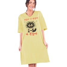 Rock&roll Sabah Kahvesi Açık Sarı V Yaka Yarım Kol Diz Boyu Rahat Ev Elbisesi Gecelik