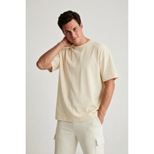 Erkek Krem Oversize Bisiklet Yaka %100 Organik Pamuk Düz Basic Yazlık T-Shirt