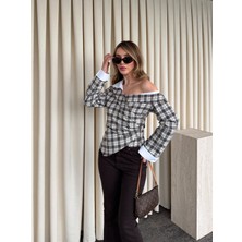 Laluvia Bej - Kahve Düşük Omuz Vatkalı Ekose Gömlek - 3247