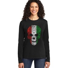 Rock&roll Italyan Kurukafa Siyah Bisiklet Yaka Uzun Kollu Penye Kadın T-Shirt