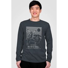 Rock&roll Çizgili Scooter Antrasit Bisiklet Yaka Uzun Kollu Penye Erkek T-Shirt