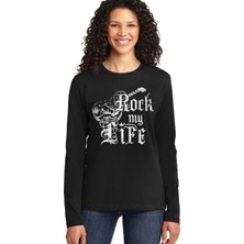 Rock&roll Hayatım Rock Siyah Bisiklet Yaka Uzun Kollu Penye Kadın T-Shirt