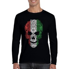 Rock&roll Italyan Kurukafa Siyah Bisiklet Yaka Uzun Kollu Penye Erkek T-Shirt