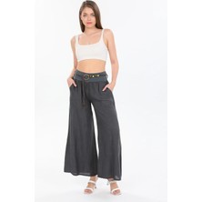 Della Moor Grigio S Kadın Italyan Ip Kemerli Geniş Paça Keten Pantolon 40 - 44 Beden