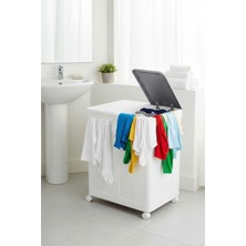 Kazen Home Kapaklı Tekerlekli Çamaşır ve Oyuncak Saklama Kutusu Modern Depolama Sandığı(Gri-Beyaz)