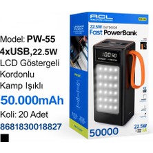 Azurtech 50.000MAH Powerbank Pw-55 | 22.5W Hızlı Şarj, 4 USB Çıkışlı LCD Göstergeli Kamp Işıklı