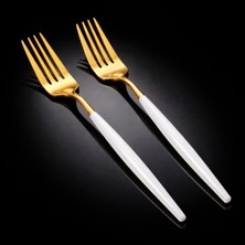 Barotti Modern Altın Renk Paslanmaz Çelik Yemek Çatalı 6’lı Set,beyaz Saplı Premium Yemek Çatalı Seti