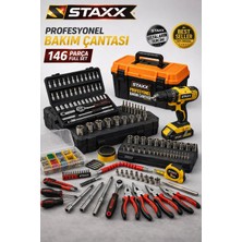 Staxx Power 146 Parça Profesyonel Bakım Çantası Seti Akülü Matkaplı Lokma Tornavida Pense Full Usta Takım Seti