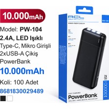 Azurtech 10.000MAH Powerbank PW-104 | 2.4A Hızlı Şarj, Type-C & Micro Girişli 2 USB Çıkışlı LED Işıklı