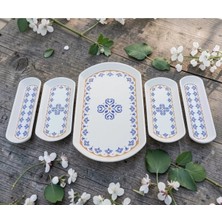 Pinkev Ottoman 5 Parça Seramik Oval Kayık Kahvaltı Zeytinlik Servis Sunum Tabağı Seti