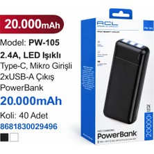 Azurtech 20.000MAH Powerbank PW-105 | Type-C & Micro Girişli, 2 USB Çıkışlı LED Işıklı Hızlı Şarj