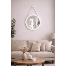 Digital Hayat Deri Kayışlı Yuvarlak Ayna 36 CM - Doğal Ahşap & Renkli Topuz Seçenekli Altın Varak, Metalik Silver, Siyah