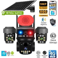 O-Kam 8090 3 Lens 4g Solar Mavi Kırmızı Işıklı Sirenli Güvenlik Kamerası