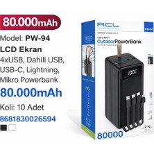Azurtech 80.000MAH Powerbank Pw-94 | LCD Ekranlı, Dahili Kablolu, 4 USB + Type-C Lightning Mikro Çoklu Şarj