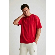 Guaraz Erkek Kırmızı Oversize Bisiklet Yaka %100 Pamuk Düz Basic Yazlık T-Shirt