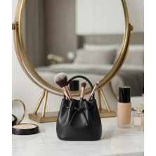 Aplus design Mini Çanta Tasarımlı Masaüstü Organizer -  Dekoratif Kalemlik ve Makyaj Fırçalık (Siyah)