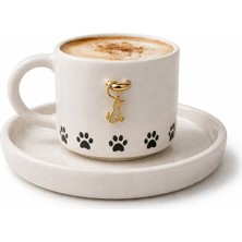 Pitaya Sanat El Yapımı Seramik Türk Kahvesi Fincanı 24K Altın Detaylı – Köpek Charm, Pati Desenli, Tabaklı Kahve Fincanı