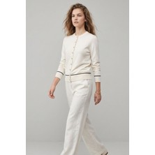 Şiir Raye Kadın Yumuşak Dokulu Ara Biyeli Sıfır Yaka Düğmeli Uzun Kollu Örme Hırka - Ekru