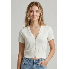 Şiir Vasi Kadın Slim Kalıp Ajurlu Kısa Kollu Şık Düğmeli (Over Waist) Kısa Hırka - Ekru