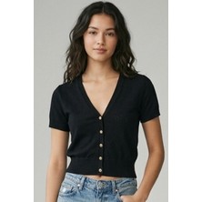 Şiir Vasi Kadın Slim Kalıp Ajurlu Kısa Kollu Şık Düğmeli (Over Waist) Kısa Hırka - Siyah