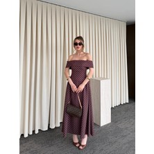 Laluvia Kahverengi Madonna Yaka Puantiyeli Midi Elbise - 00888