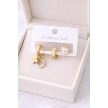 Cash Dukkan Altın Renk 3’lü Çelik Küpe Seti Model 5 – Yonca Figürlü, Kararmaz, Paslanmaz, Minimal &amp; Şık Kadın Küpesi