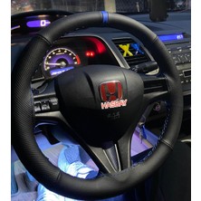 Hasbay Dikişli Direksiyon Kılıfı Siyah / Nokta Deri Mavi Yüzük Mavi Dikiş Honda 2007 - 2012 Için