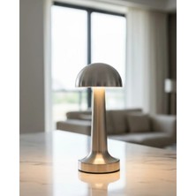 Dukkanıum Krom Mantar Masa Lambası Dokunmatik 3 Renk LED Şarjlı Taşınabilir Gece Lambası