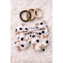 Nati Co Ayıcık Desenli Beyaz Fiyonk Saç Tokası ve 3’lü Lastik Seti - 11 cm