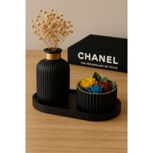 Modern Siyah Gold Detaylı Dekoratif Vazo ve Tepsi Seti Lüks Ev Ofis Aksesuarı