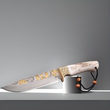Altın Işlemeli Geyik Boynuzu Kabzeli Gravürlü N690 Böhler Çelik Bıçak Koleksiyonluk El Yapımı Bıçak
