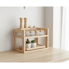 Ahşap 2 Katlı Baharatlık Standı - Tezgah Üstü Düzenleyici Raf - Modern Mutfak Rafı 25X20 cm