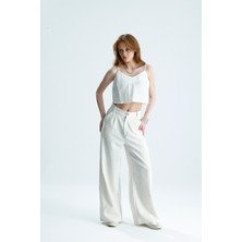 Rose Quenn Pamuklu Keten Kumaştan Krem Renginde Yazlık Geniş Paça Uzun Pantolon