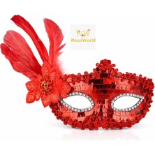 NW NessiWorld Kırmızı Tüylü Payetli Lüks Taşlı Parti Maskesi