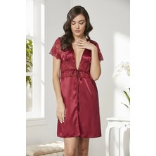Pierre Cardin Saten Dantelli Midi Sabahlık 1020 Bordo